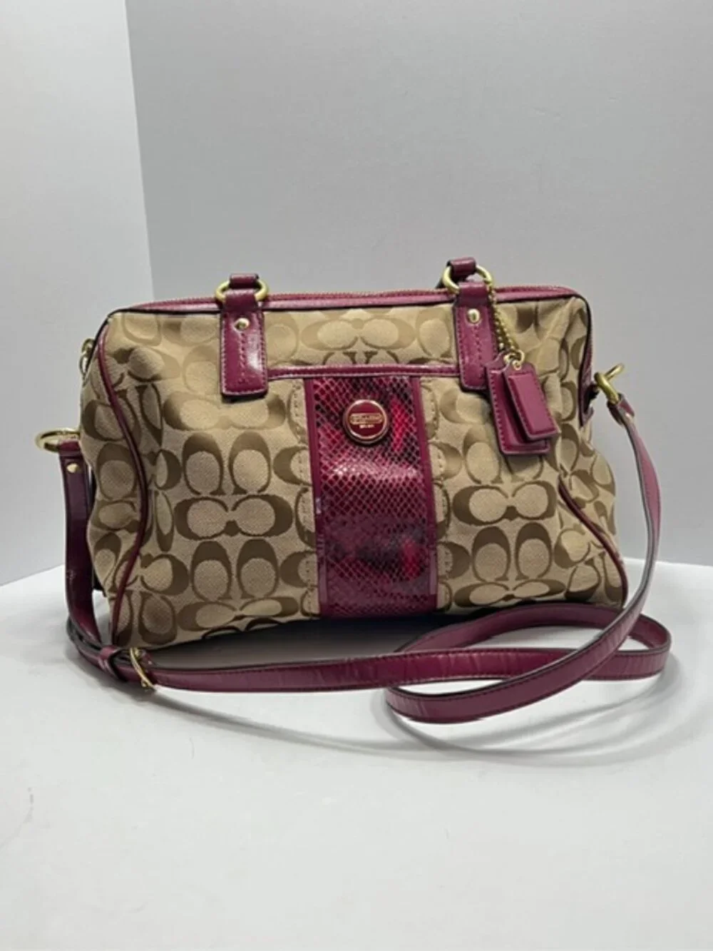 Coach Signature Stripe Python Satchel F24884 in Khaki w/Raspberry Python w/COA